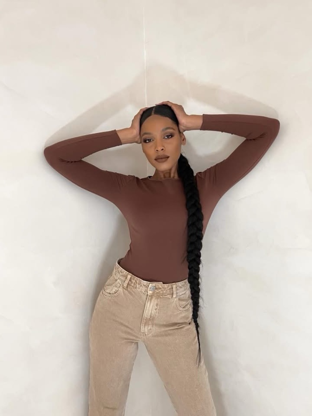 Unlabeled by Anna Petrosian Long-Sleeve Crewneck Bodysuit in Brown